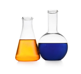 Photo of Chemistry glassware with color samples isolated on white