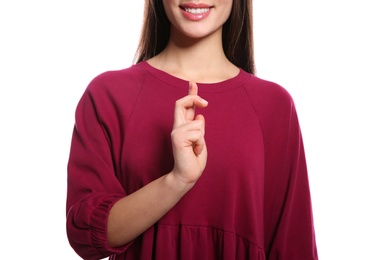 Photo of Woman using sign language on white background, closeup
