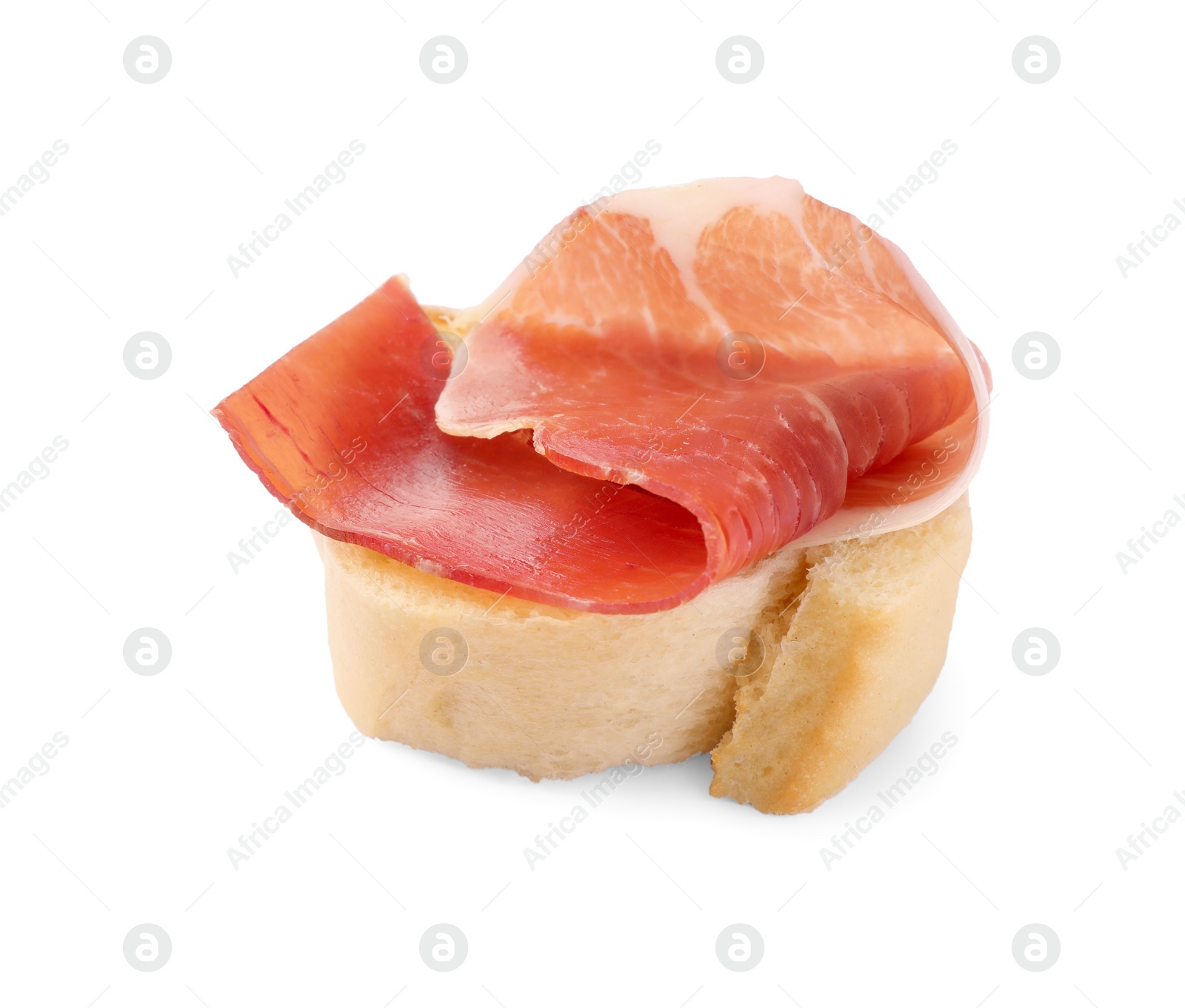 Photo of Tasty sandwich with cured ham isolated on white