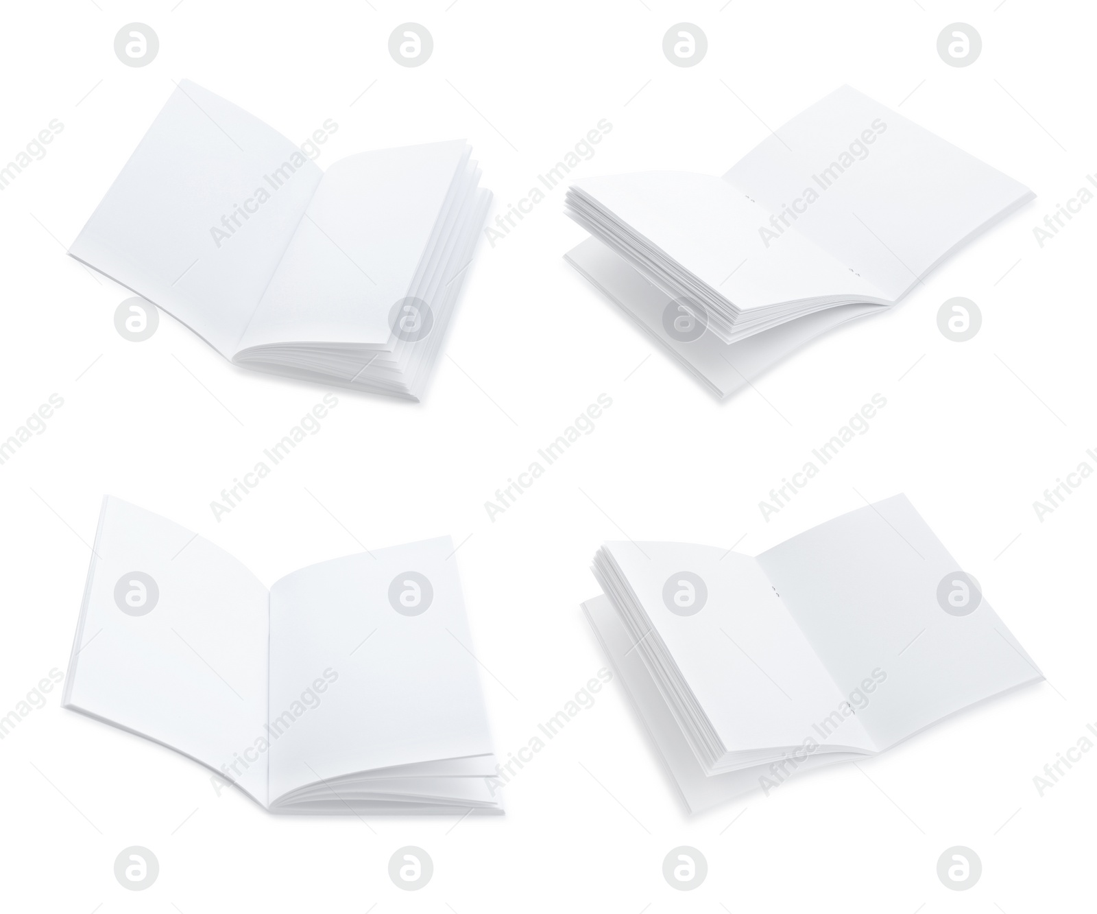 Image of Set with blank paper brochures on white background. Mockup for design