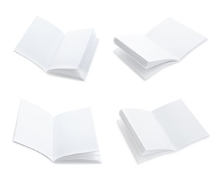 Set with blank paper brochures on white background. Mockup for design