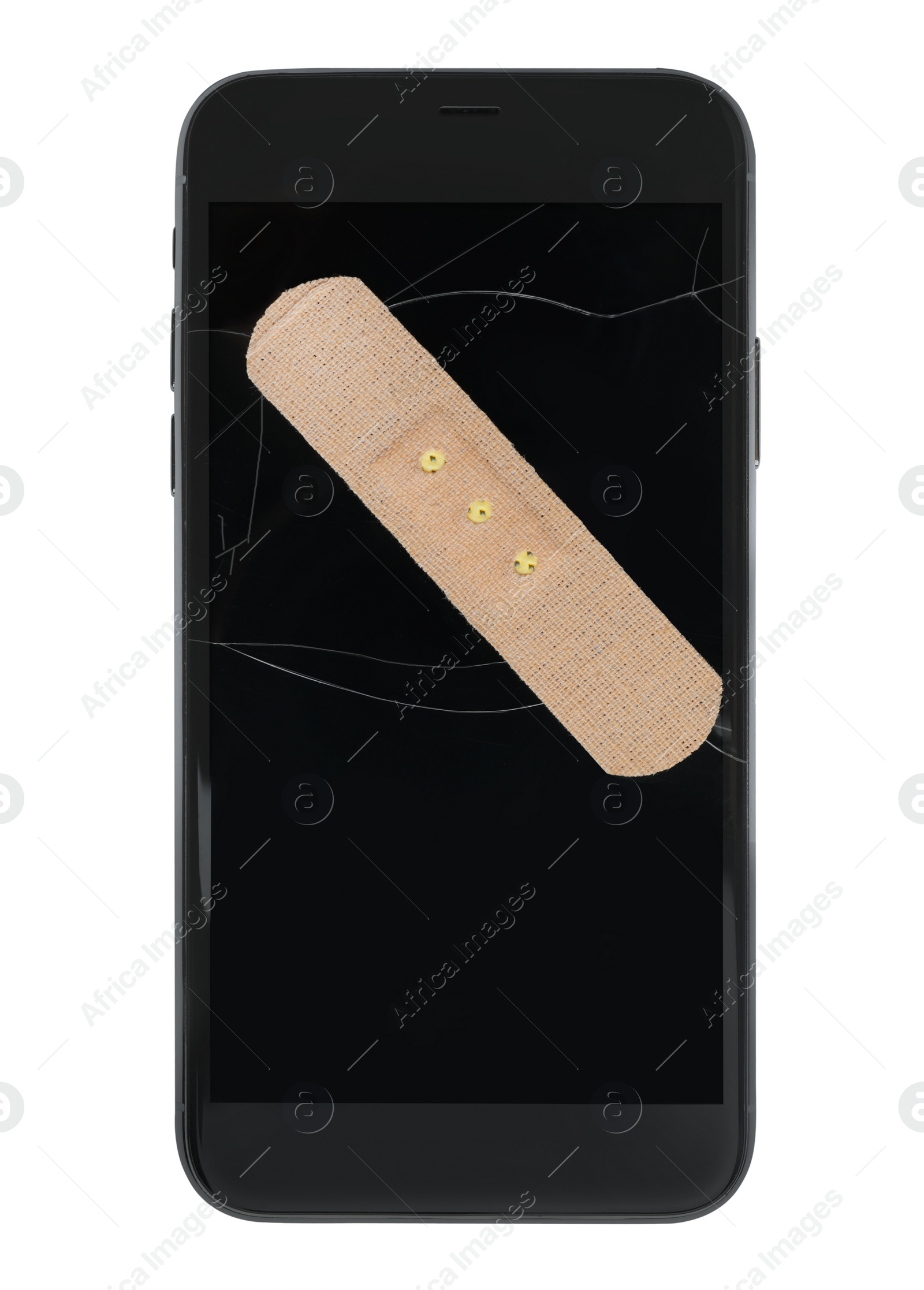 Photo of Smartphone with sticking plaster isolated on white, top view