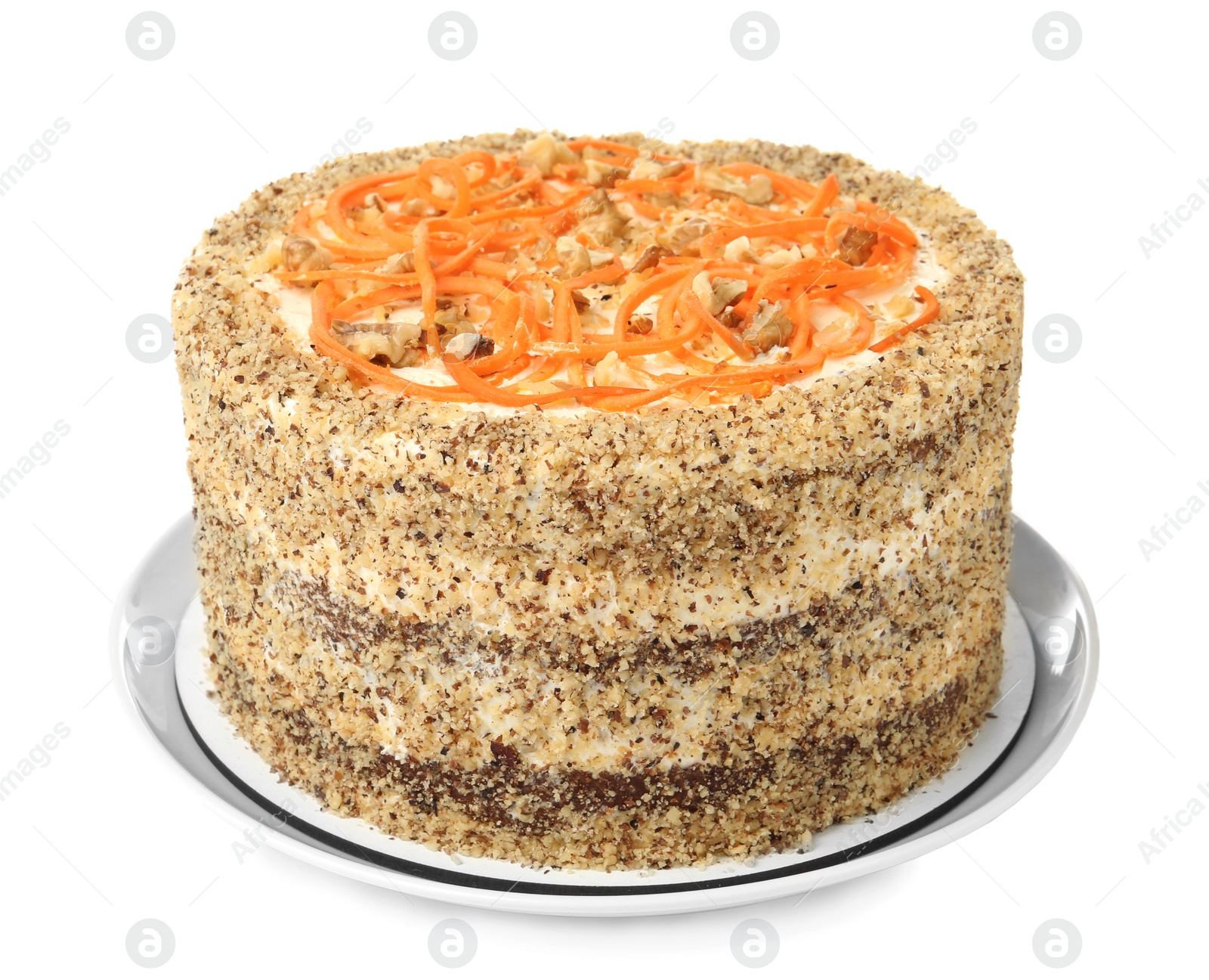 Photo of Dish with delicious carrot cake on white background