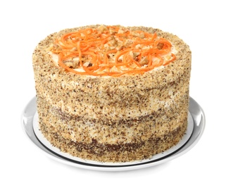 Photo of Dish with delicious carrot cake on white background