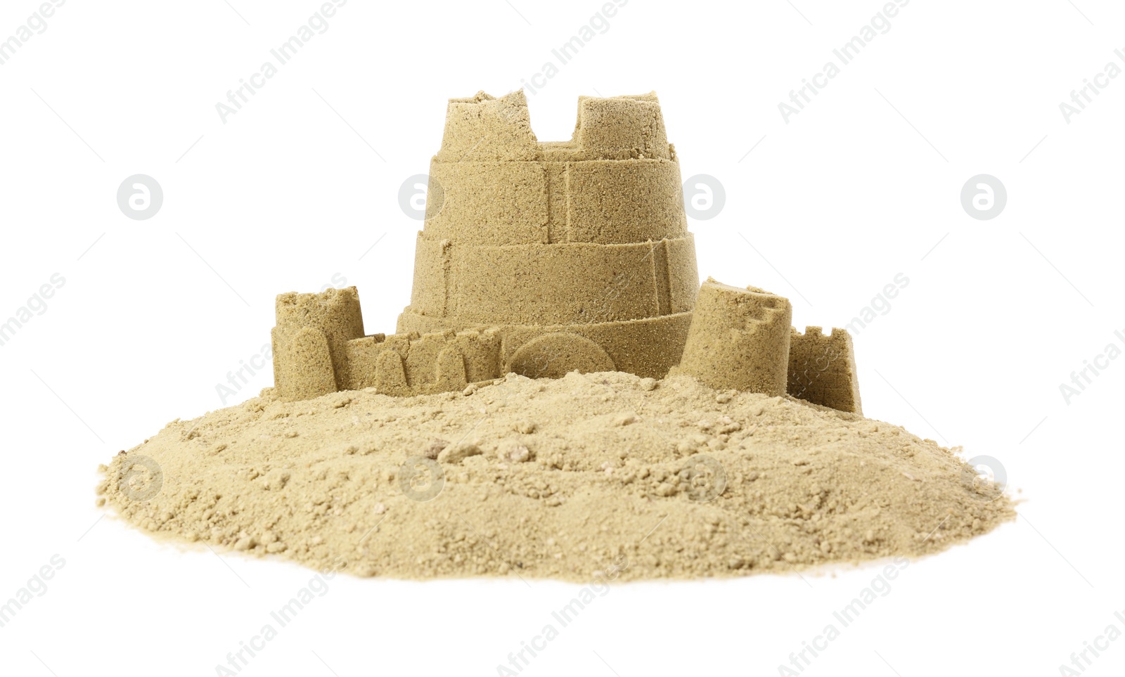 Photo of Pile of sand with beautiful castle isolated on white