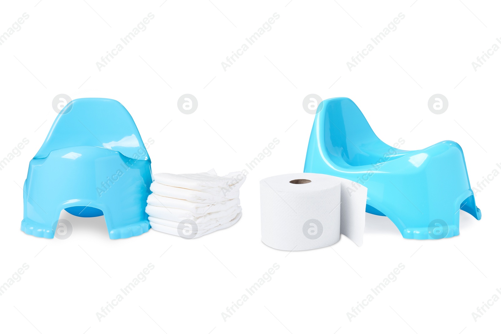 Image of Collage with light blue baby potty, diapers and toilet paper isolated on white