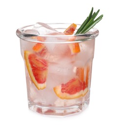 Photo of Delicious refreshing drink with sicilian orange, fresh rosemary and ice cubes in glass isolated on white