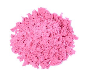 Pile of pink kinetic sand on white background, top view