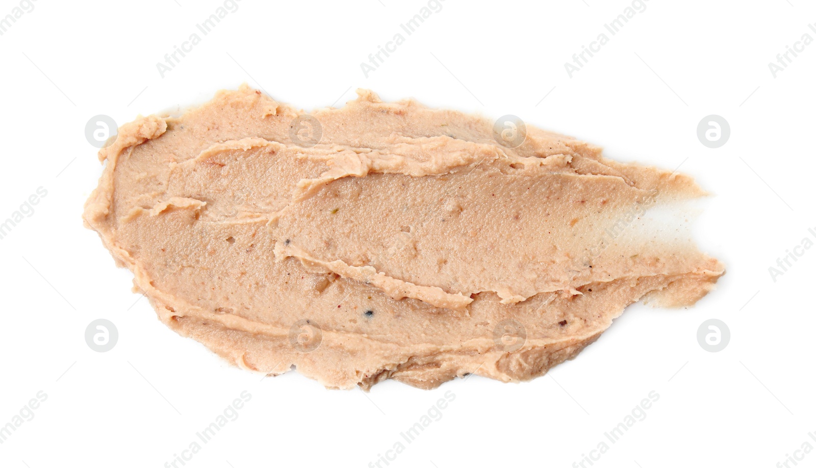 Photo of Smear of delicious liverwurst isolated on white, top view