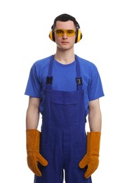 Young man wearing safety equipment on white background