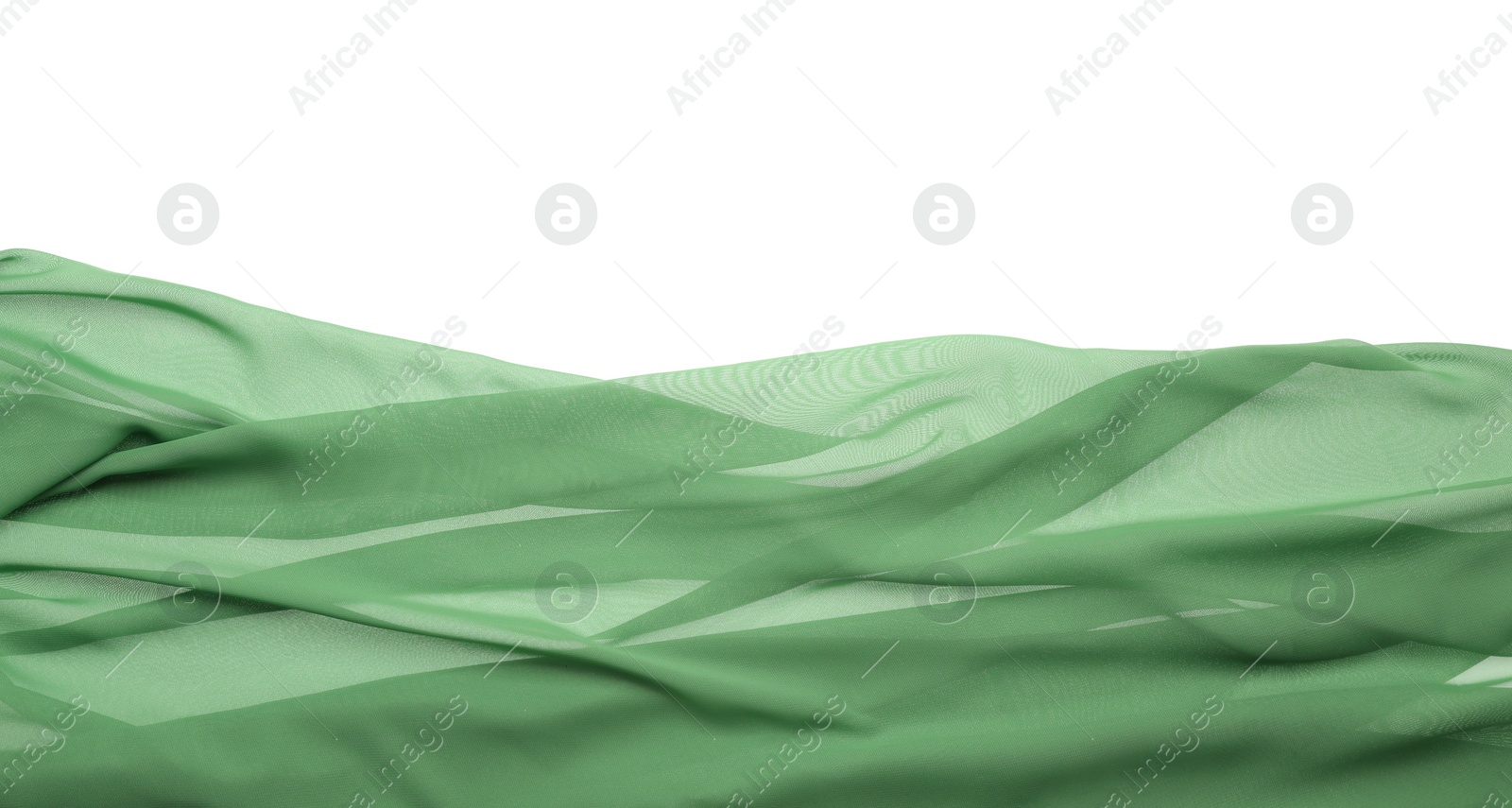 Photo of Beautiful green tulle fabric on white background, top view. Space for text