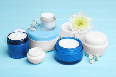 Photo of Set of natural cosmetics on color background