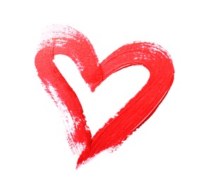 Photo of Red paint sample in shape of heart on white background, top view