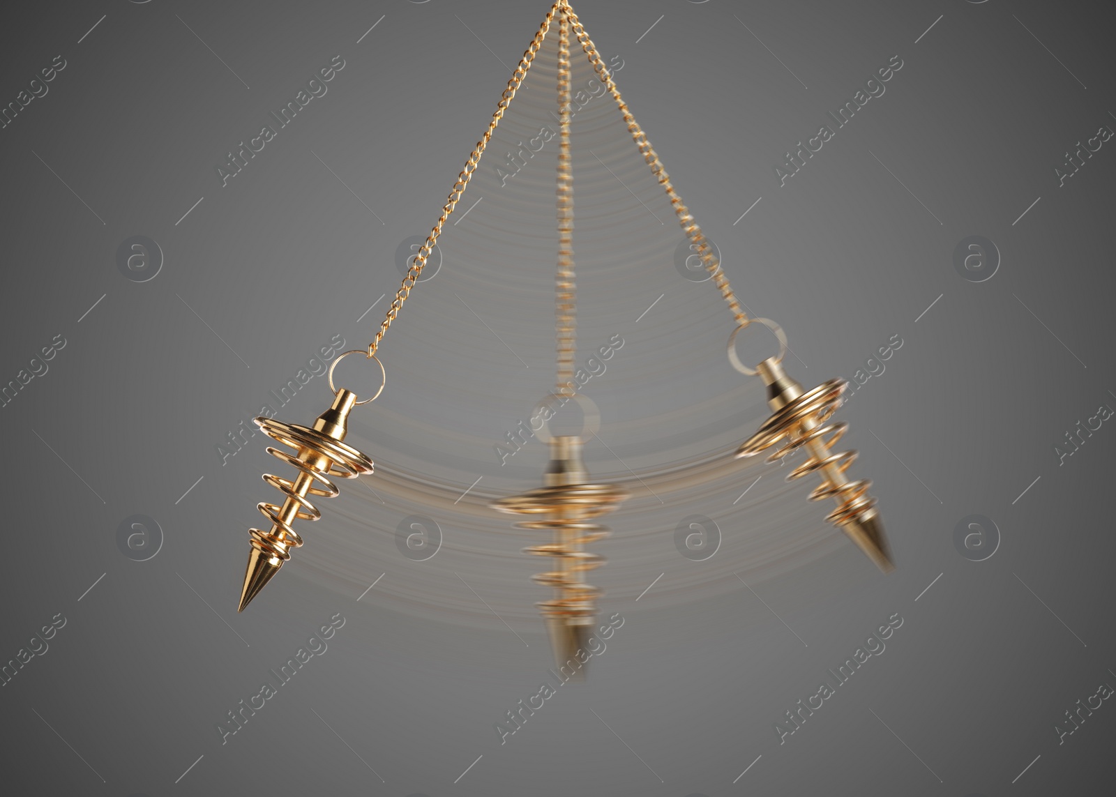 Image of Hypnosis session. Pendant swinging on grey background, motion effect