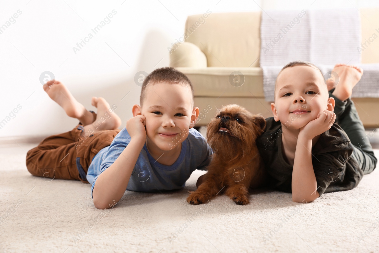 Photo of Portrait of cute boys with funny Brussels Griffon dog at home. Loyal friends