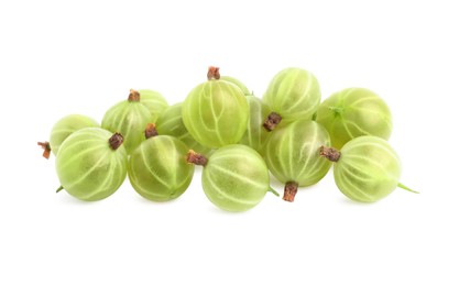 Photo of Pile of fresh ripe gooseberries on white background