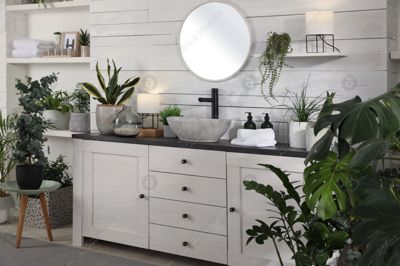 Photo of Stylish bathroom interior with vessel sink and beautiful plants