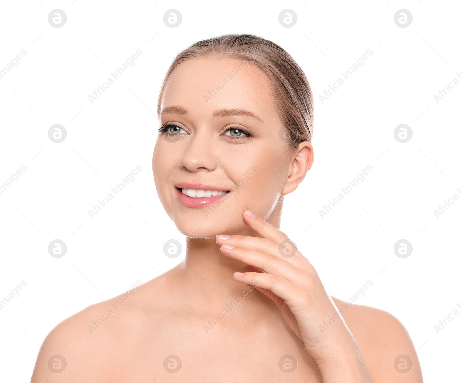 Photo of Portrait of young woman with beautiful face on white background