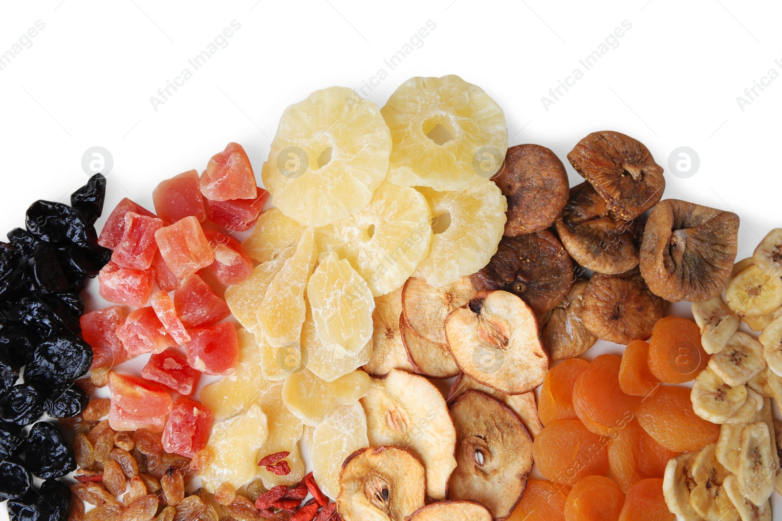 Photo of Pile of different tasty dried fruits on white background, top view