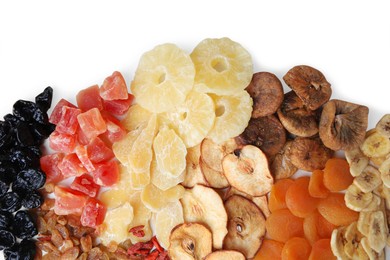 Photo of Pile of different tasty dried fruits on white background, top view