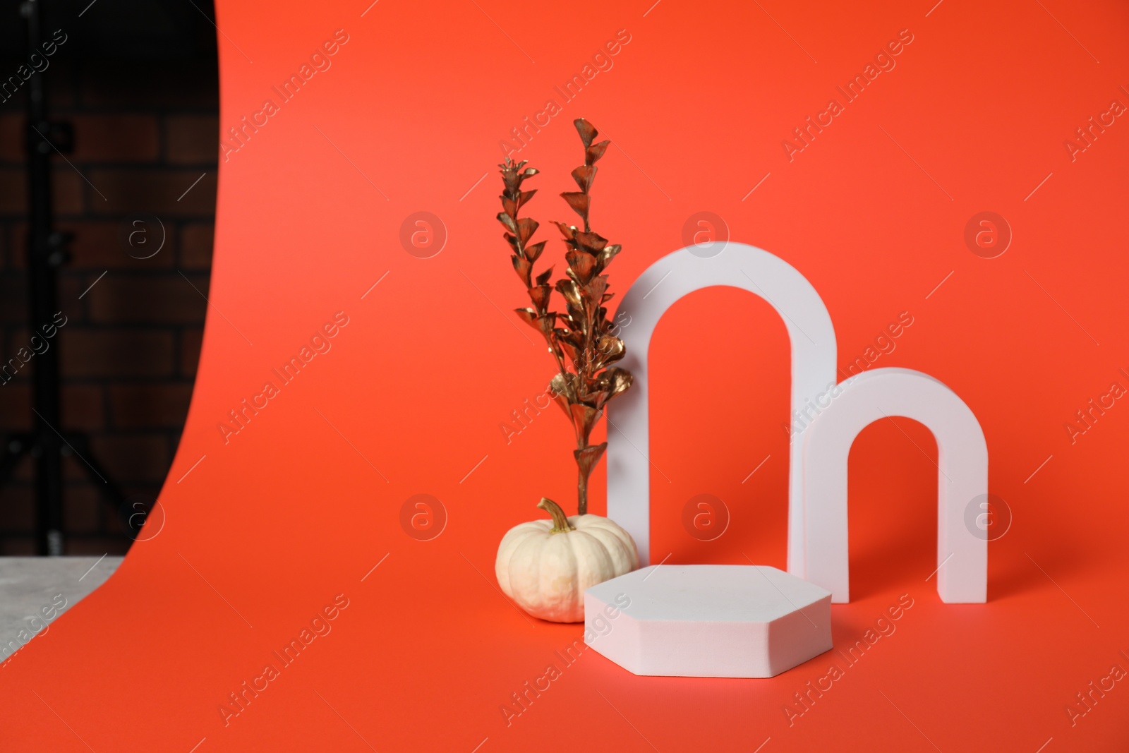 Photo of Autumn presentation for product. White geometric figures, pumpkin and golden branch with leaves on dark orange background, space for text