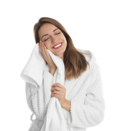 Photo of Young woman wiping face with towel on white background