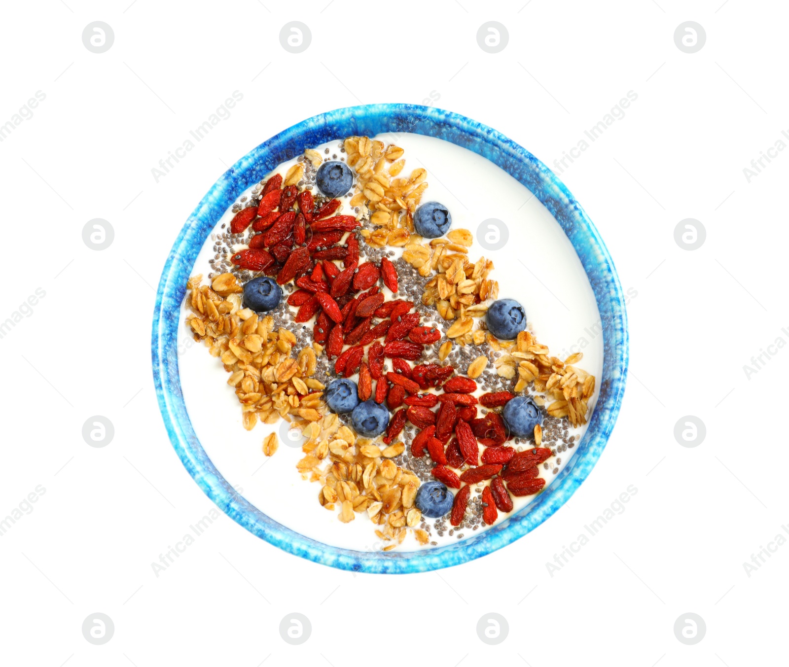 Photo of Smoothie bowl with goji berries on white background, top view