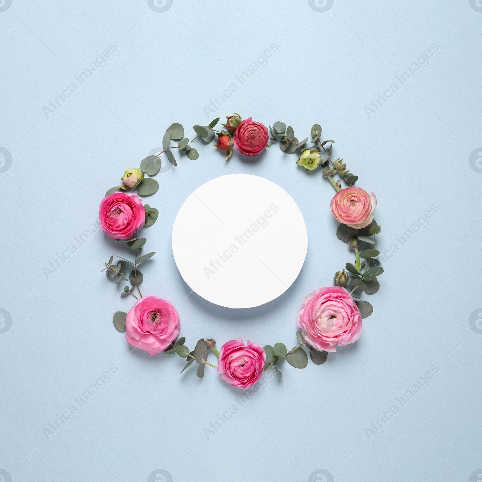 Photo of Frame of beautiful ranunculus flowers and paper card  on light blue background, flat lay. Space for text