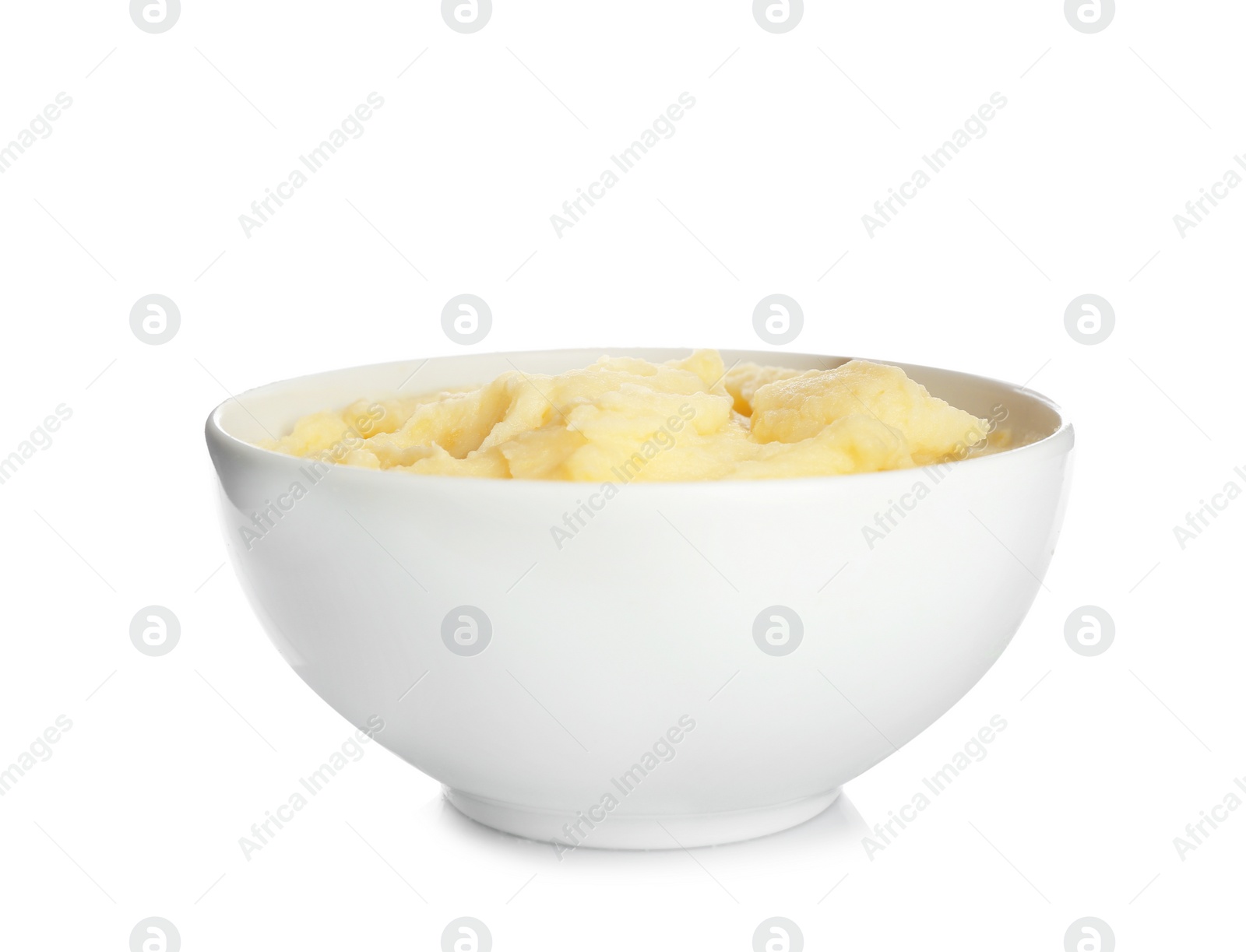 Photo of Bowl with tasty mashed potatoes on white background