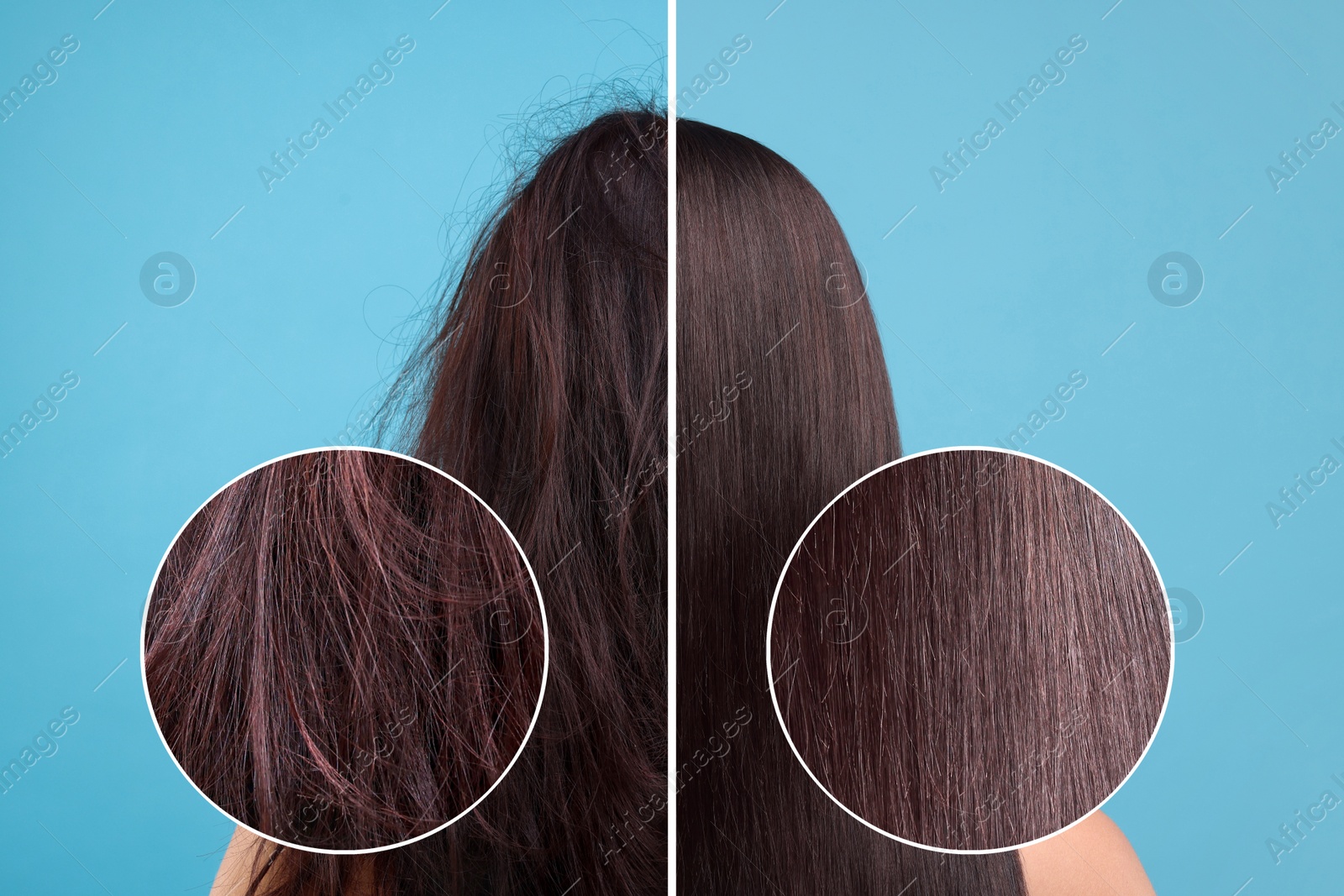 Image of Photo of woman divided into halves before and after hair treatment on light blue background, back view. Zoomed area showing damaged and healthy strand