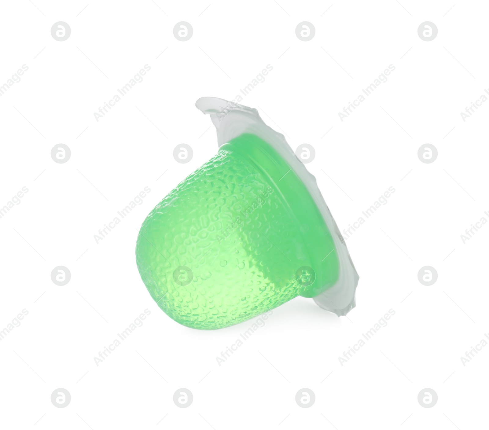 Photo of Delicious green jelly cup isolated on white