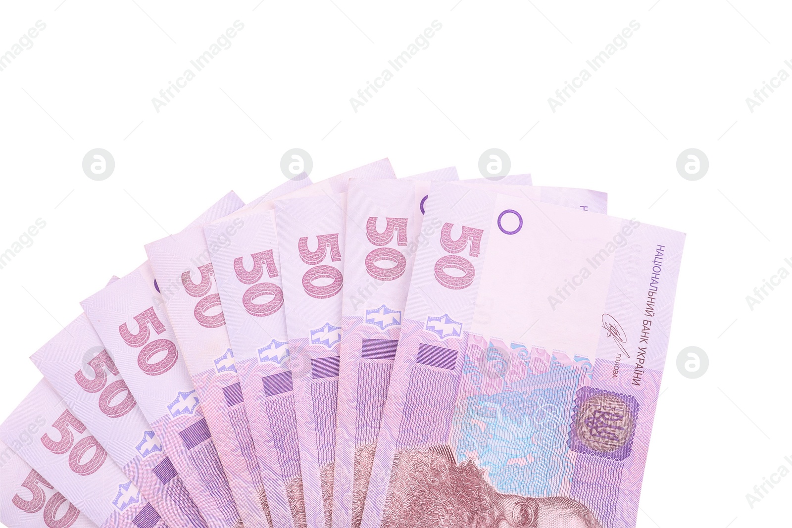 Photo of 50 Ukrainian Hryvnia banknotes on white background, top view