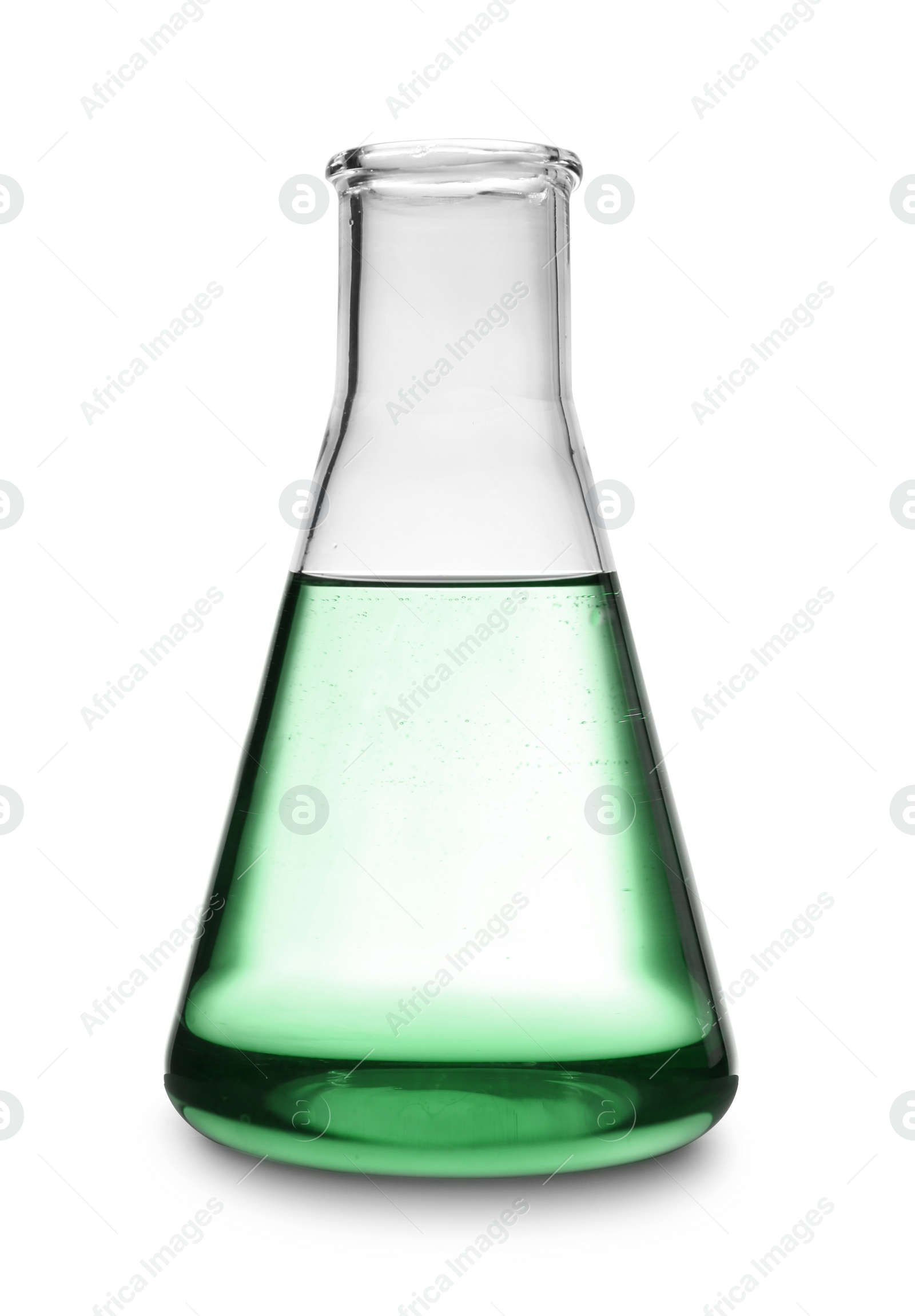 Image of Conical flask with green liquid isolated on white. Laboratory glassware