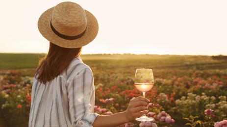 Woman with glass of wine in rose garden on sunny day. Space for text