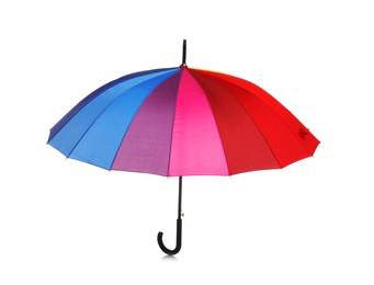 Photo of Beautiful open umbrella on white background