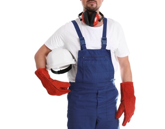 Photo of Male industrial worker in uniform on white background, closeup. Safety equipment