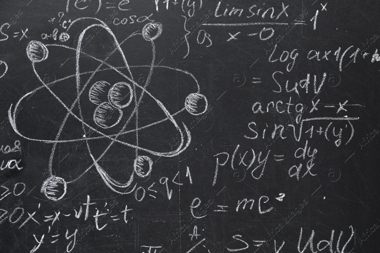 Photo of Many different physical formulas written with chalk on blackboard