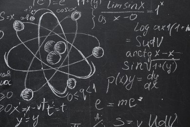 Photo of Many different physical formulas written with chalk on blackboard