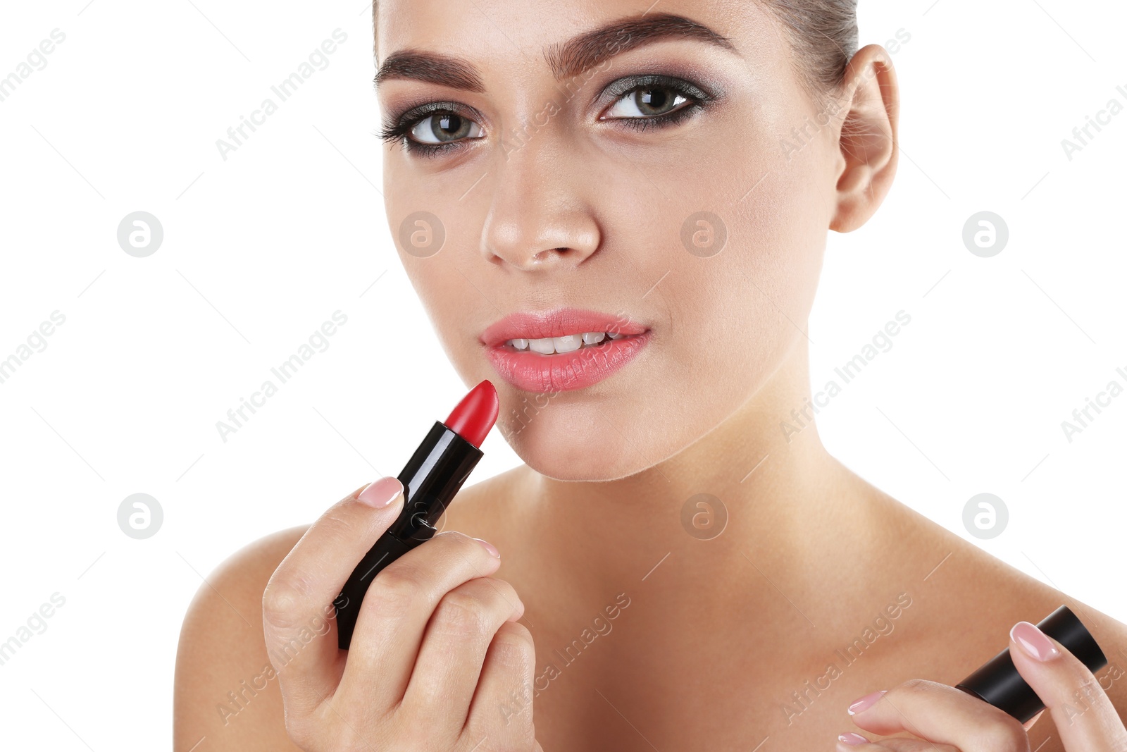 Photo of Portrait of beautiful woman with lipstick on white background. Stylish makeup