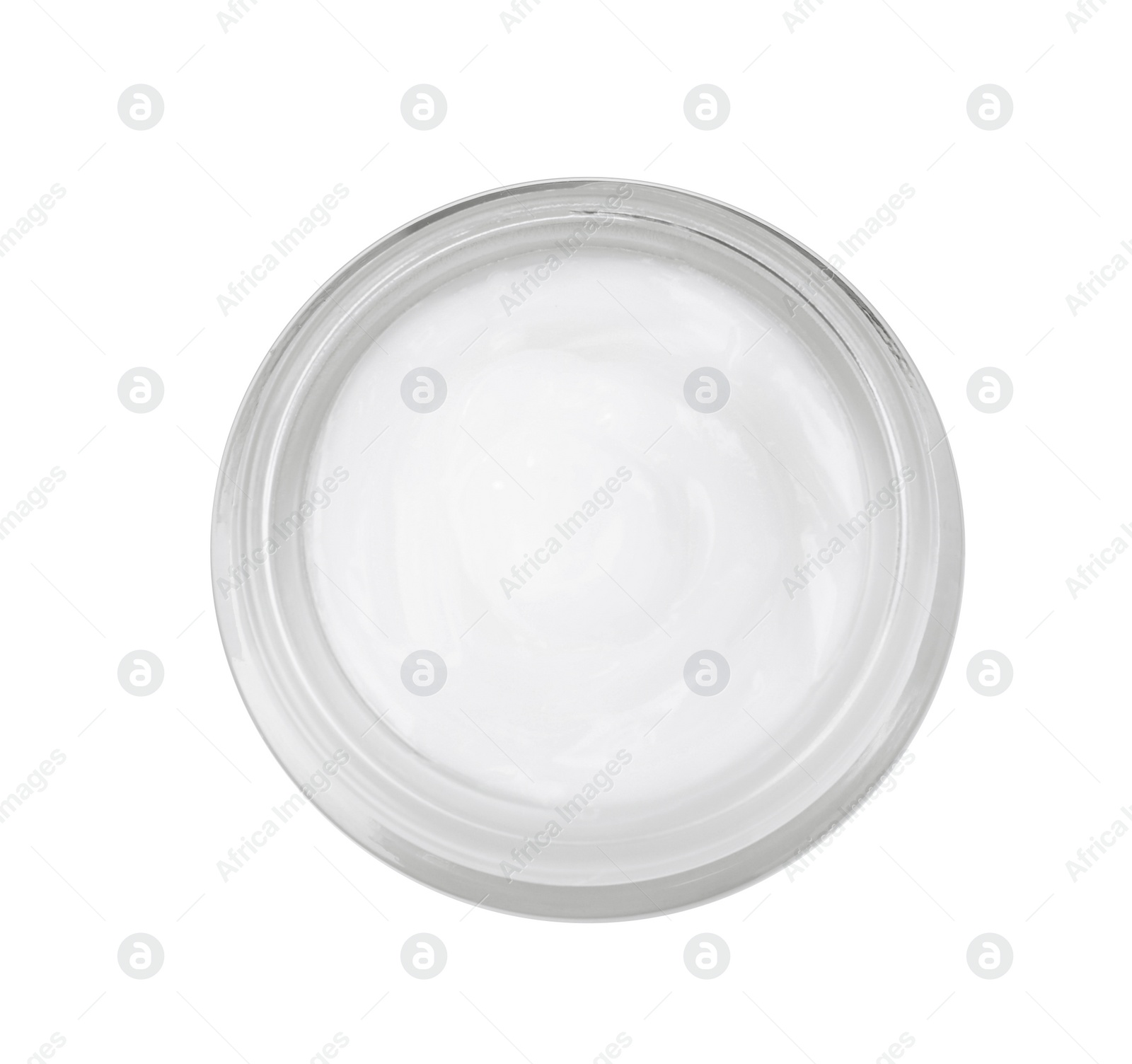 Photo of Cream in glass jar isolated on white, top view