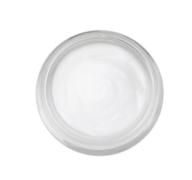 Photo of Cream in glass jar isolated on white, top view