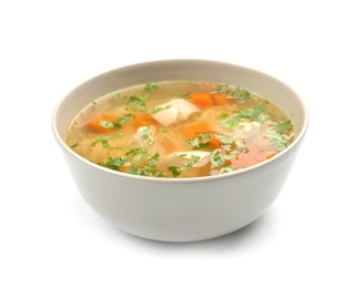 Photo of Bowl with fresh homemade chicken soup on white background