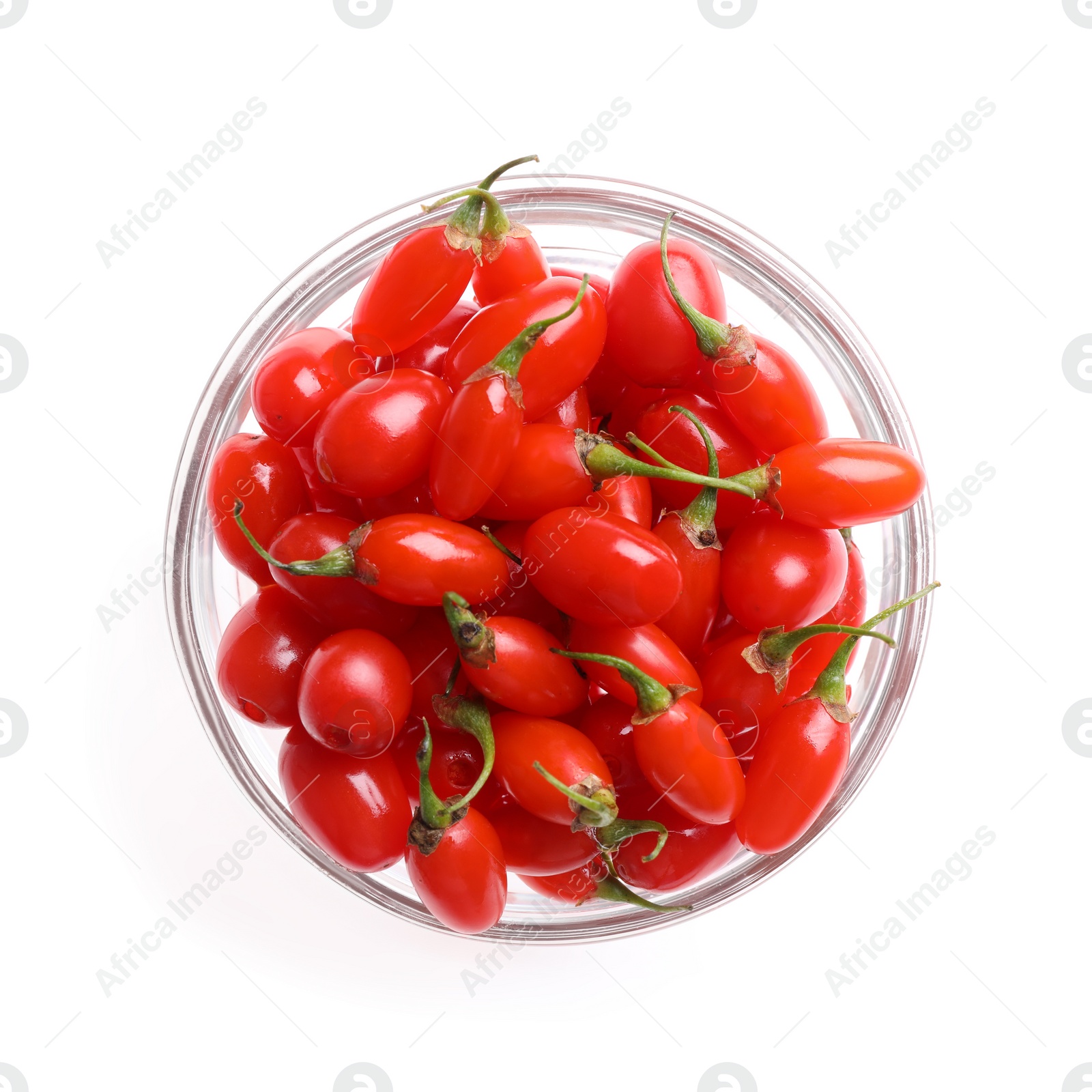 Photo of Fresh ripe goji berries in bowl on white background, top view