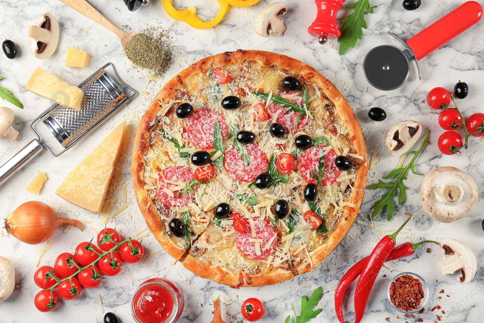 Photo of Composition with delicious pizza and ingredients on marble background, top view