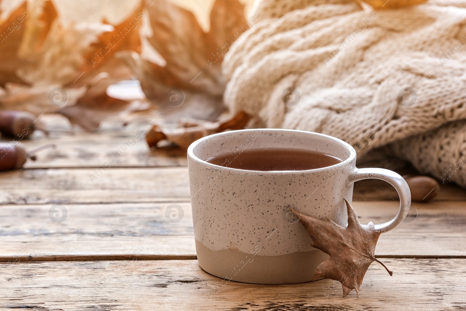 Photo of Composition with cup of hot cozy drink and autumn leaves on windowsill. Space for text