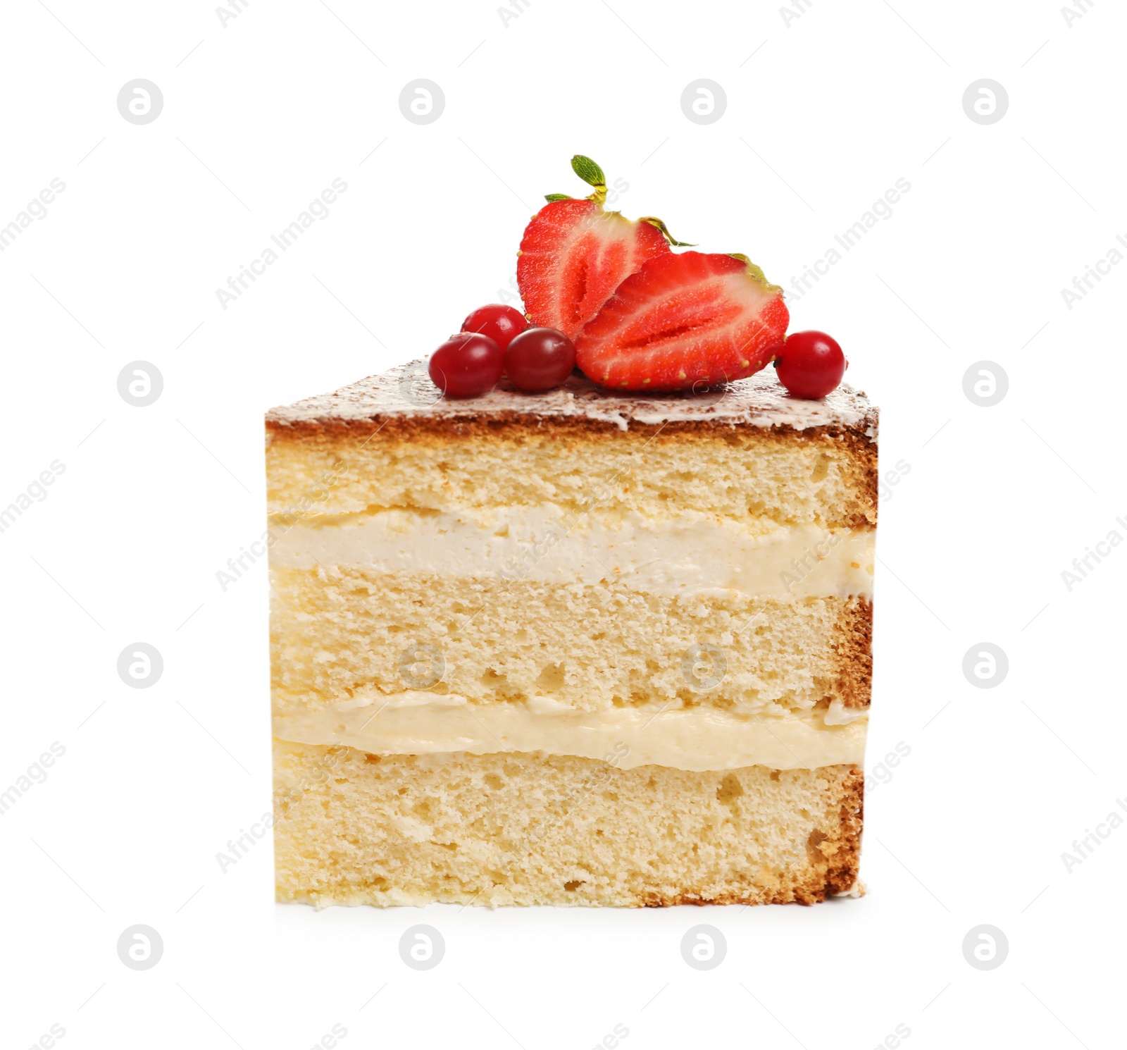 Photo of Piece of delicious homemade cake with fresh berries on white background