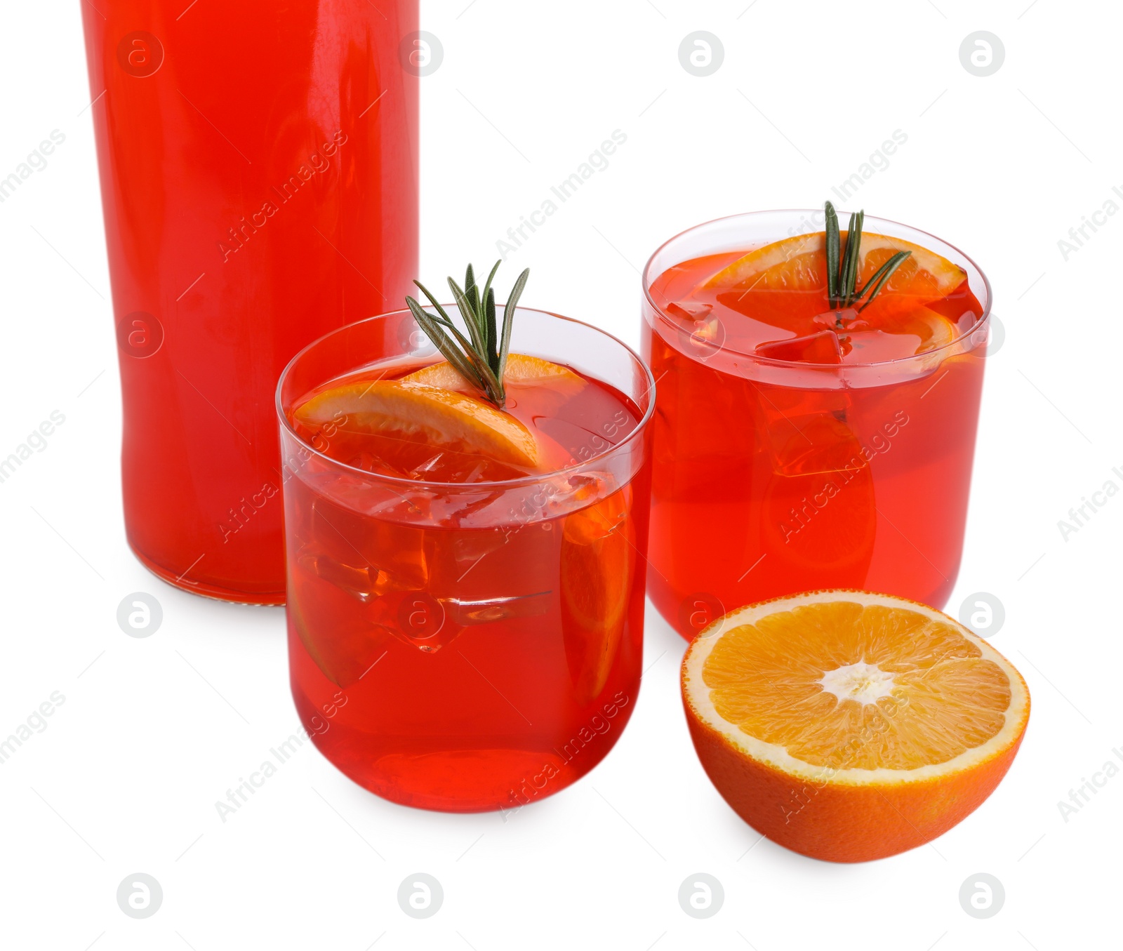 Photo of Aperol spritz cocktail, orange slices and rosemary in glasses isolated on white