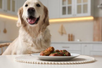 Photo of Cute hungry dog sitting in front of plate with fried meat indoors