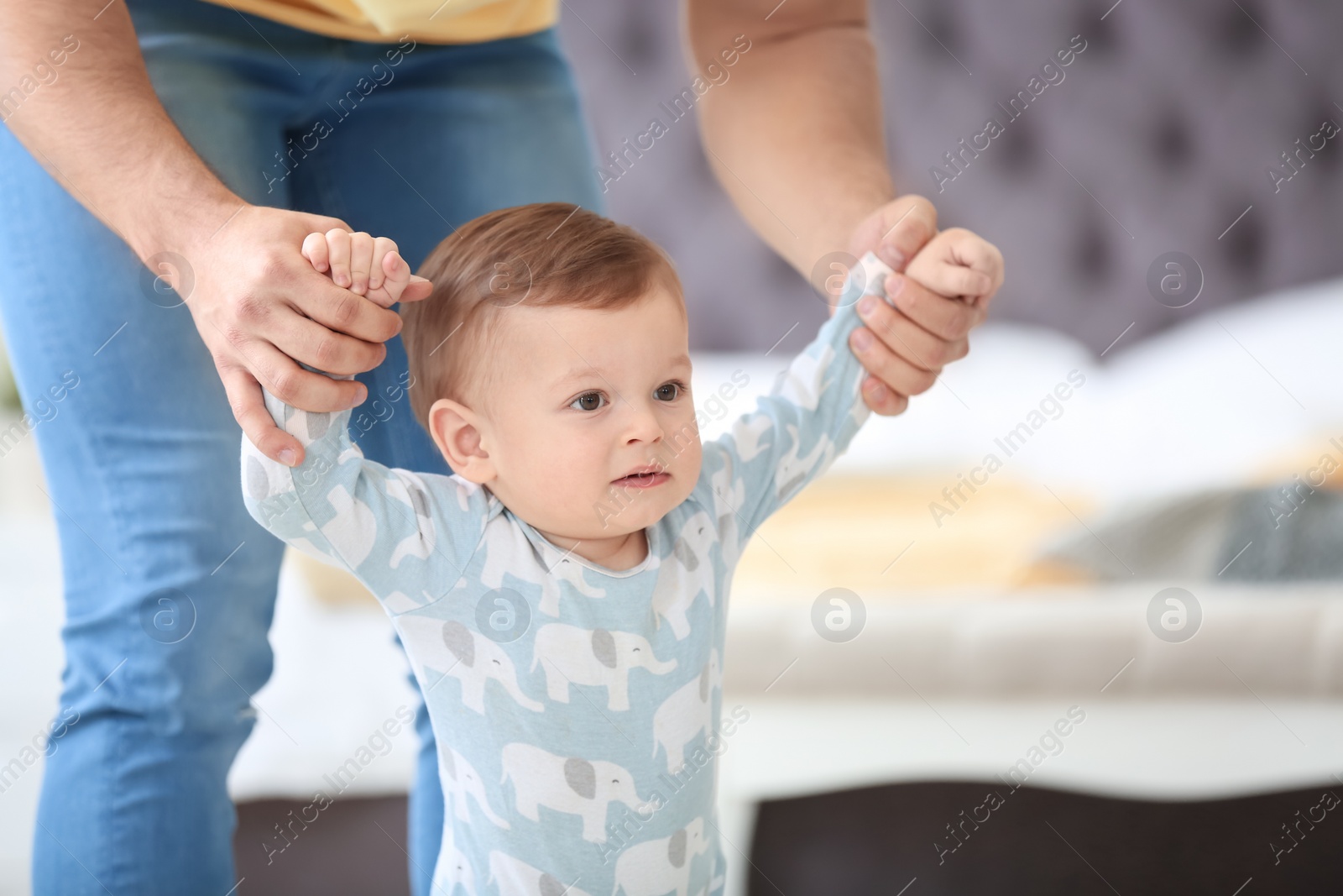 Photo of Baby taking first steps with father's help at home