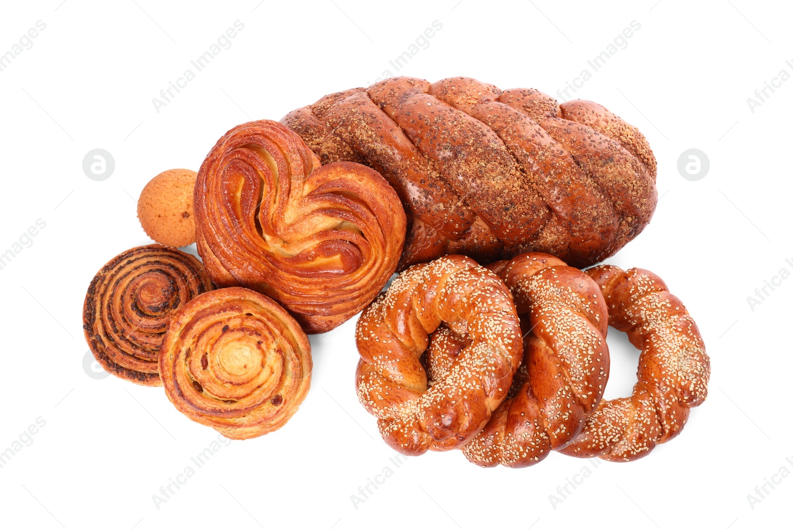 Photo of Different tasty freshly baked pastries isolated on white, top view